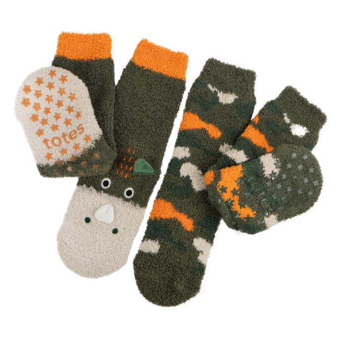 totes toasties® Boys Super Soft Slipper Socks (Twin Pack) Dino / Camo Extra Image 2